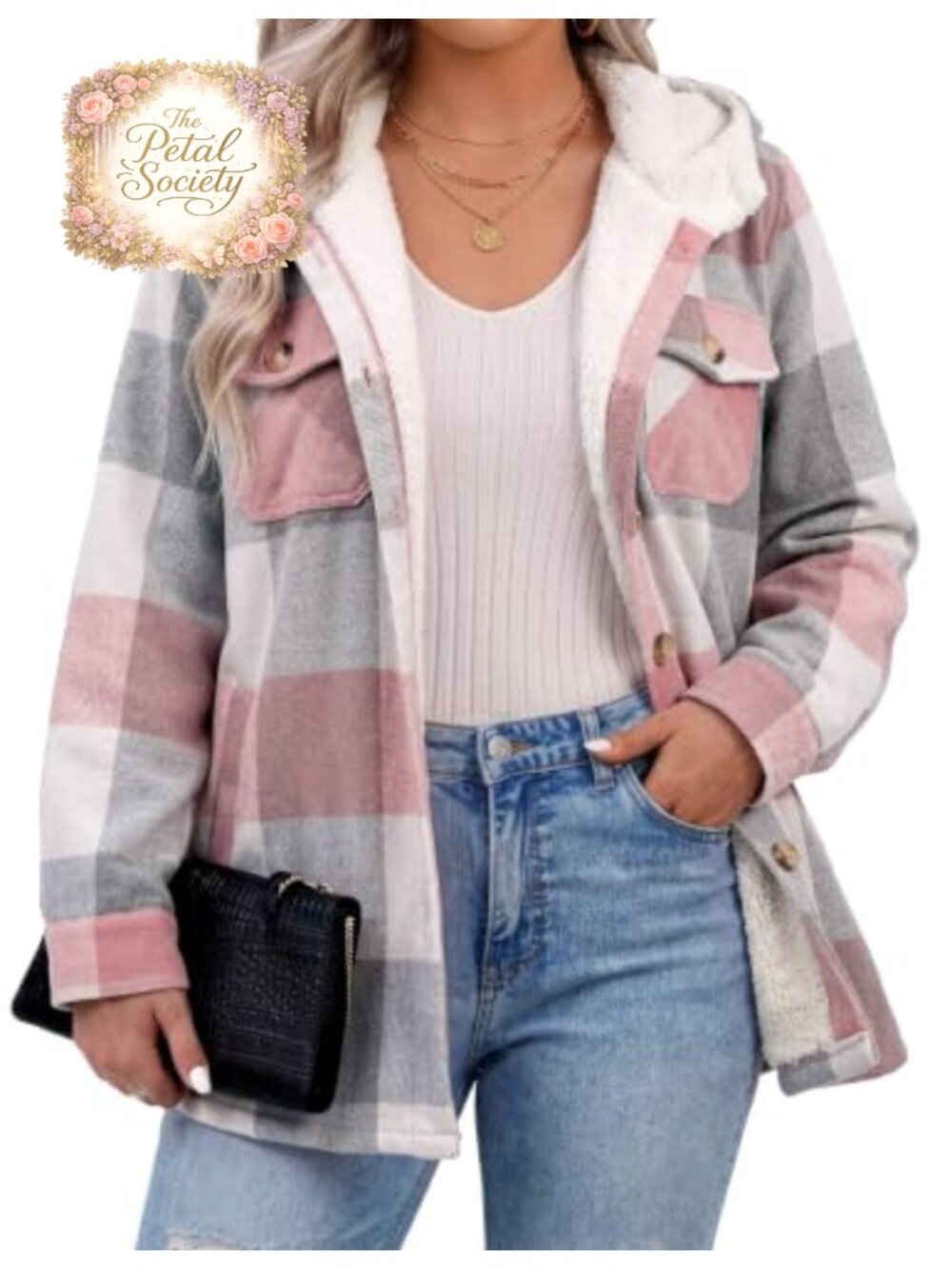 Women's Plus Size Plaid Shacket Jacket Fleece Hooded Warm Coat